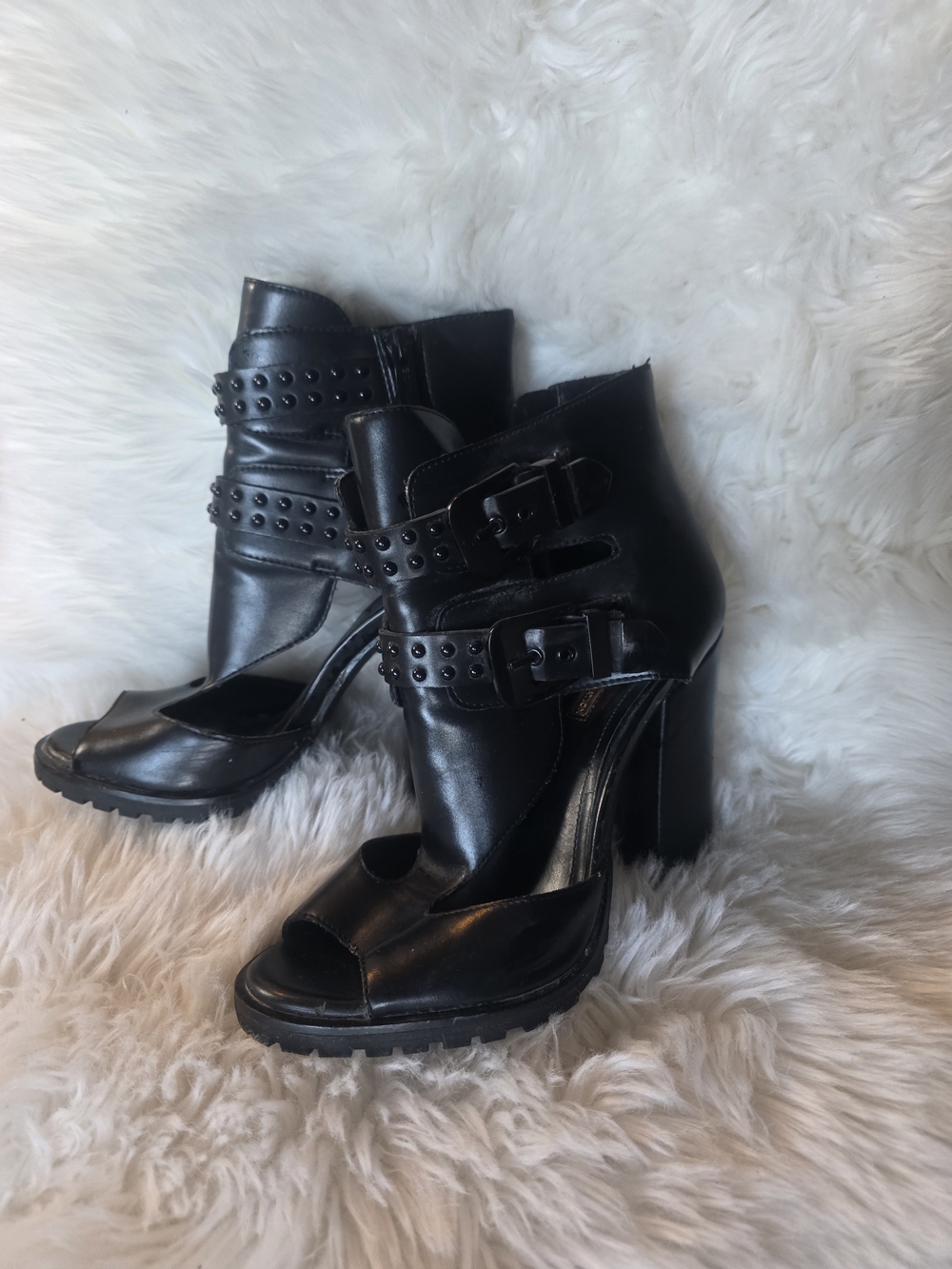 BCBGeneration Black Studded Buckle Heeled Booties | Moto Chic Grunge